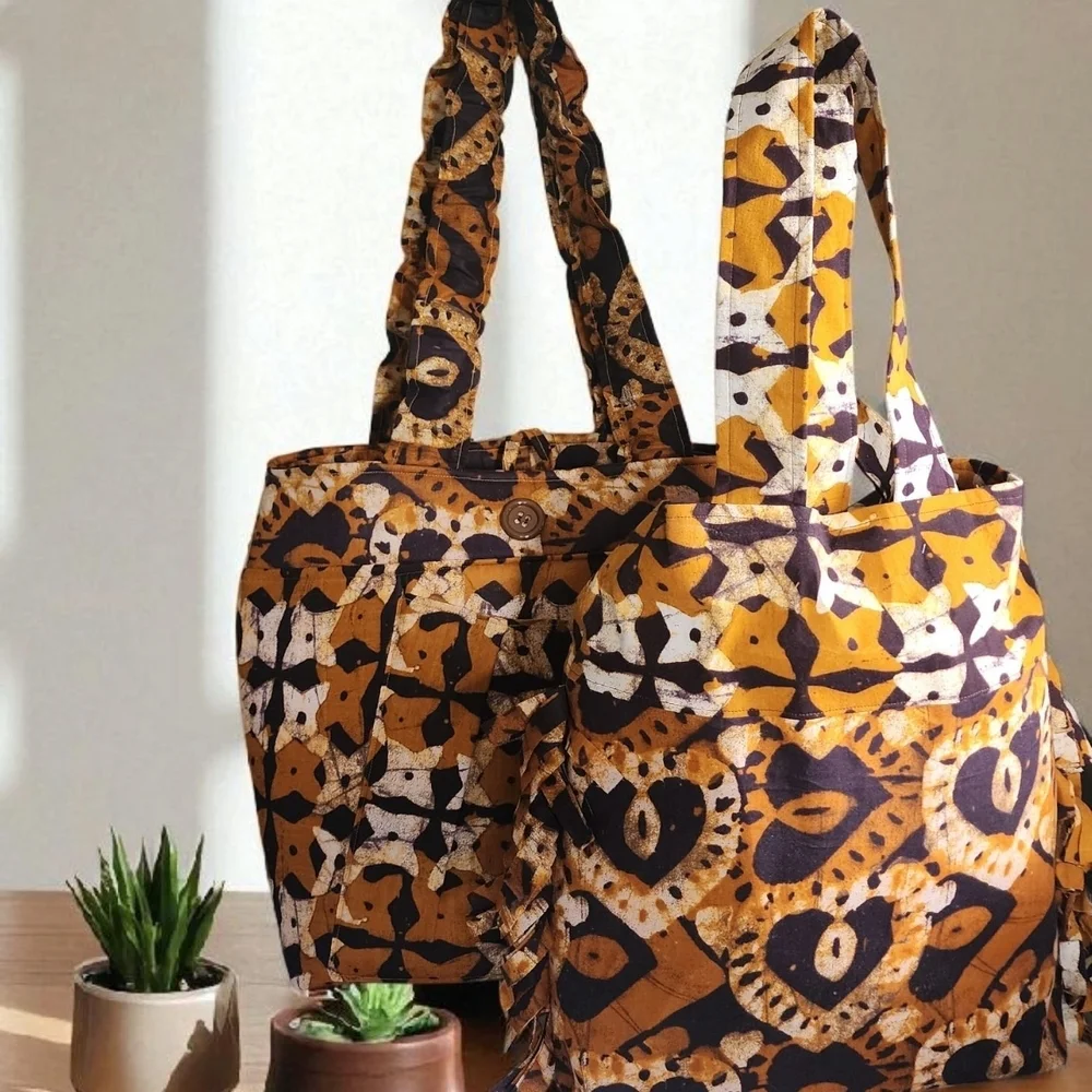 Yellow and Black Quilted Tote Bags with Geometric Patterns